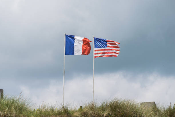 Both flags of France and USA blowing in the wind